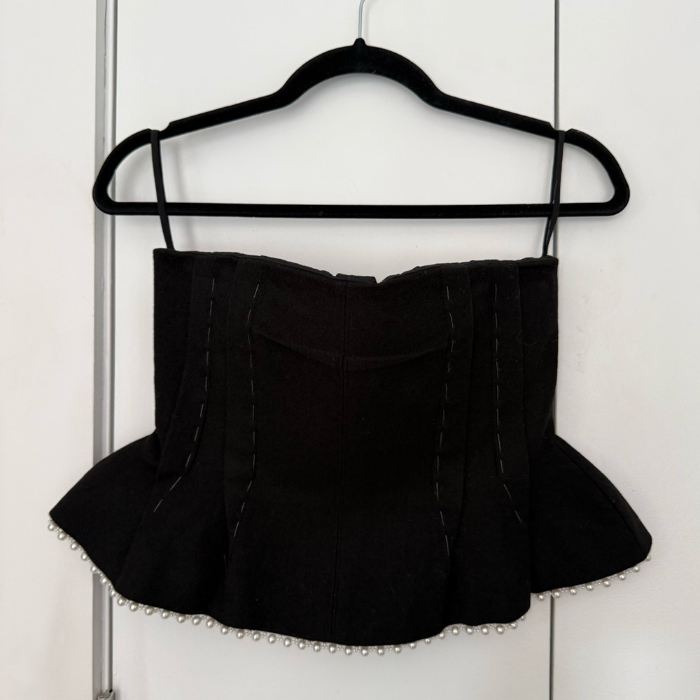 NACKIYE Pintuck Wool Bustier with Pearl Detailing in Black